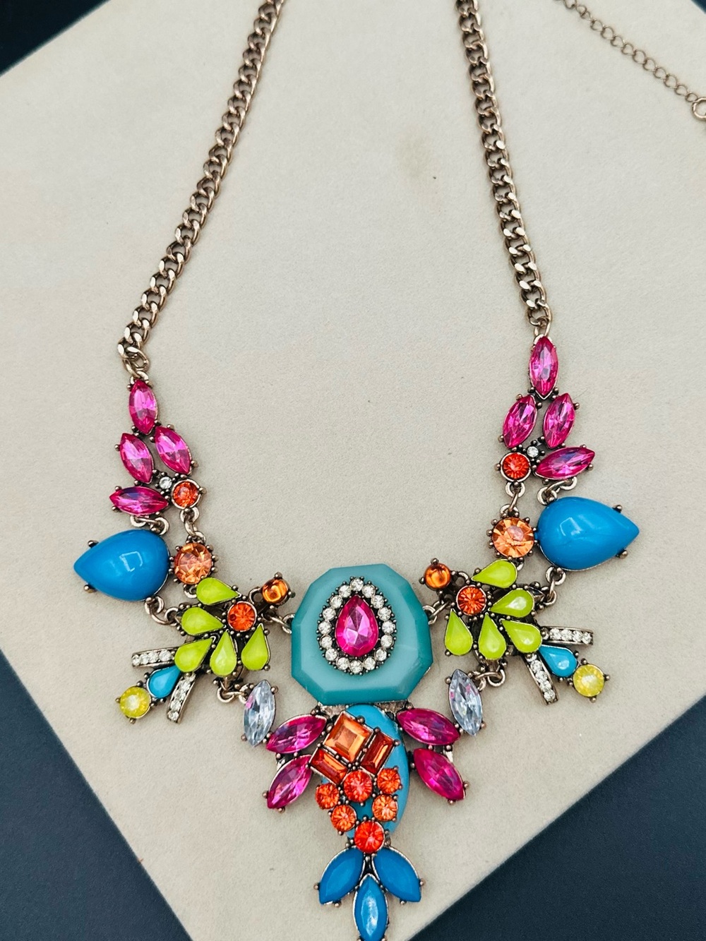 Colorful Rhinestone Statement Necklace - Turquoise & Pink Bib Necklace